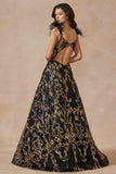 Juliet 297 Floor Length Feathered Cap Sleeve Patterned Sequin A-Line Gown