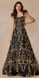 Juliet 297 Floor Length Feathered Cap Sleeve Patterned Sequin A-Line Gown