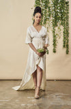 Peacock Feather Maxi Wrap Dress W/ Train in Cream + Gold