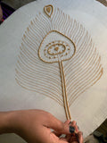 Peacock Feather Maxi Wrap Dress W/ Train in Cream + Gold