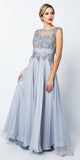 CLEARANCE - Juliet 552 Long Jewel Neckline Studded Bodice Silver A-Line Gown (Size M)