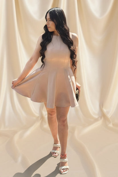 fit and flare champagne dress Champagne Fit And Flare Satin Graduation Homecoming Dress