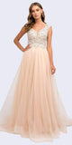 Juliet 684 Cap Sleeved Long Formal Dress with Appliques