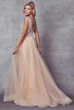 Juliet 684 Cap Sleeved Long Formal Dress with Appliques
