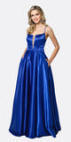 Juliet 687 Long Shiny Satin A-line Prom Gown with Pockets