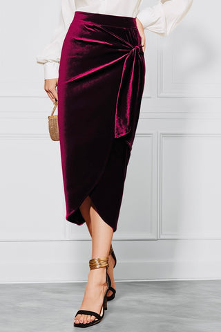 Velvet High-Waisted Wrap Skirt – Wine Red