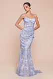 Ladivine 7445 Dress Strapless Floral Printed Fitted Soft Satin Dress
