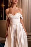 Ladivine 7449W A-Line Fitted Bodice Off the Shoulder Satin Wedding Dress