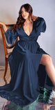 Cinderella Divine 7475C Long Split Blouson Sleeve Formal Dress Thigh Split