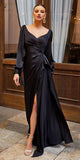 Cinderella Divine 7478 Long Blouson Sleeve Satin Fluid Drape Dress Front Slit