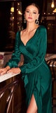 Cinderella Divine 7478 Long Blouson Sleeve Satin Fluid Drape Dress Front Slit
