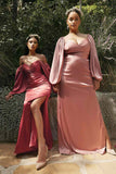 Cinderella Divine 7482 Long Sleeve Off the Shoulder Soft Satin Fitted Dress