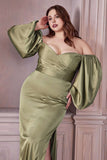 Cinderella Divine 7482C Long Sleeve Off the Shoulder Soft Satin Fitted Dress