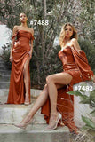 Cinderella Divine 7482 Long Sleeve Off the Shoulder Soft Satin Fitted Dress