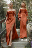Cinderella Divine 7482C Long Sleeve Off the Shoulder Soft Satin Fitted Dress