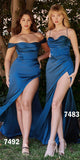 Cinderella Divine 7492C Satin Off the Shoulder Corset Satin Gown