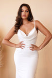 Cinderella Divine 7487W Fitted Satin Dress Cowl Neckline Open Tie Back