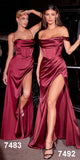Cinderella Divine 7492C Satin Off the Shoulder Corset Satin Gown