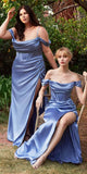Cinderella Divine 7492C Satin Off the Shoulder Corset Satin Gown
