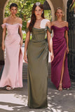 Cinderella Divine 7492C Satin Off the Shoulder Corset Satin Gown