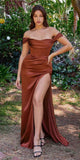 Cinderella Divine 7492C Satin Off the Shoulder Corset Satin Gown