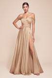 Cinderella Divine 7493C Long Plus Size A-Line Off the Shoulder Satin Dress