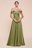 Cinderella Divine 7493C Long Plus Size A-Line Off the Shoulder Satin Dress