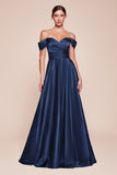 Cinderella Divine 7493C Long Plus Size A-Line Off the Shoulder Satin Dress