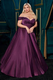 Cinderella Divine 7493C Long Plus Size A-Line Off the Shoulder Satin Dress