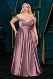 Cinderella Divine 7493C Long Plus Size A-Line Off the Shoulder Satin Dress