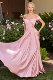 Cinderella Divine 7493C Long Plus Size A-Line Off the Shoulder Satin Dress