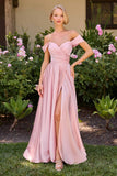 Cinderella Divine 7493C Long Plus Size A-Line Off the Shoulder Satin Dress