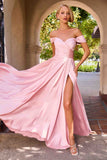 Cinderella Divine 7493C Long Plus Size A-Line Off the Shoulder Satin Dress