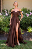Cinderella Divine 7493C Long Plus Size A-Line Off the Shoulder Satin Dress