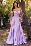 Cinderella Divine 7493C Long Plus Size A-Line Off the Shoulder Satin Dress