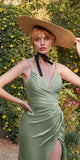 Cinderella Divine 7494 Long Fitted Satin Ruched Dress with Slit