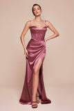 Ladivine 7495 Long Fitted Bustier Satin Draped Gown