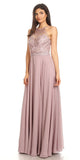 CLEARANCE - Eureka 8111 Chiffon Halter A-line Long Dress Lace Appliqued Bodice (Size L)