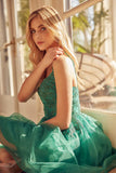 Juliet 859 Short Floral Applique Glitter Tulle A-Line Dress