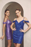 Juliet 868 Sequin Fitted Off The Shoulder Short Dress