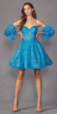 Juliet 895 Short A-Line Glitter Boned Dress Detachable Puff Sleeves