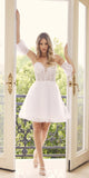 Juliet 909 Short A-Line Glitter Print Dress Removable Short Puff Sleeves