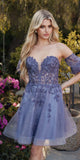 Juliet 909 Short A-Line Glitter Print Dress Removable Short Puff Sleeves