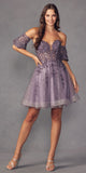 Juliet 909 Short A-Line Glitter Print Dress Removable Short Puff Sleeves