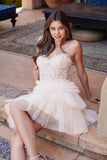 Juliet JT918A Dress Strapless Cocktail Leaf Lace Corset Bodice Ruffle Skirt