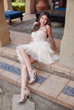 Juliet JT918A Dress Strapless Cocktail Leaf Lace Corset Bodice Ruffle Skirt