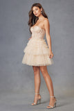 Juliet JT918A Dress Strapless Cocktail Leaf Lace Corset Bodice Ruffle Skirt