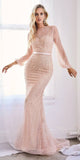 Andrea & Leo A0997W Pearl Beaded Long Sleeve Fit and Flare Long Dress