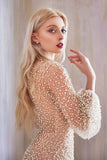 Andrea & Leo A0997W Pearl Beaded Long Sleeve Fit and Flare Long Dress