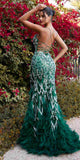Andrea & Leo A1229 Long Fitted Feather and Bead Embellished Mermaid Gown